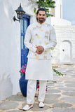 White Linen Kurta Set with Printed Handwork Jacket
